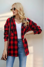 Double Take Drawstring Plaid Long Sleeve Hooded Shacket - Modanista Fashion