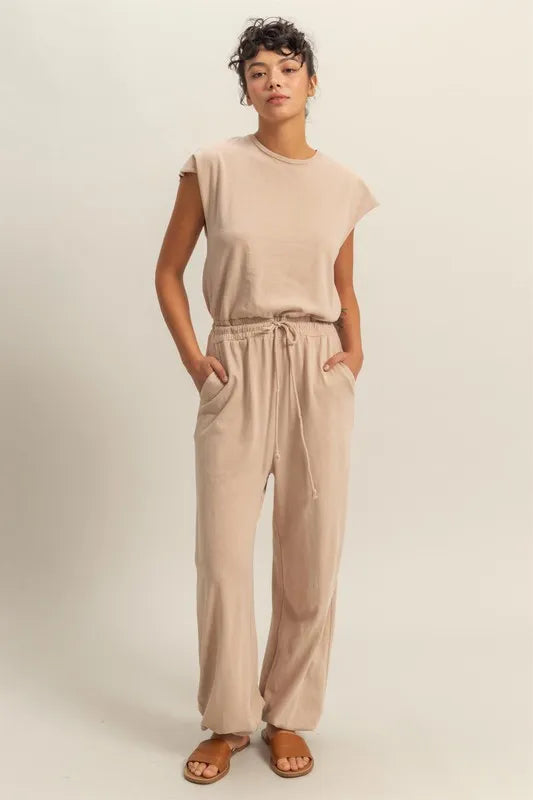 HYFVE Back Keyhole Round Neck Cap Sleeve Drawstring Jumpsuit - Modanista Fashion