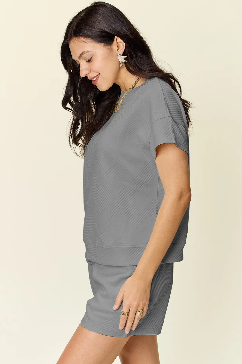 Double Take Full Size Texture Short Sleeve T-Shirt and Drawstring Shorts Set - Modanista Fashion