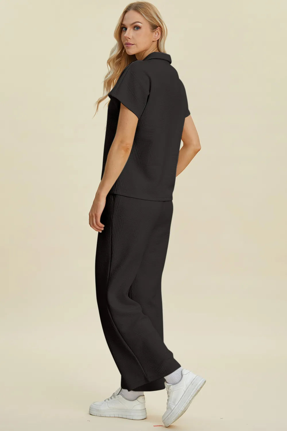 Double Take Full Size Collared Neck Short Sleeve Top and Pants Set - Modanista Fashion