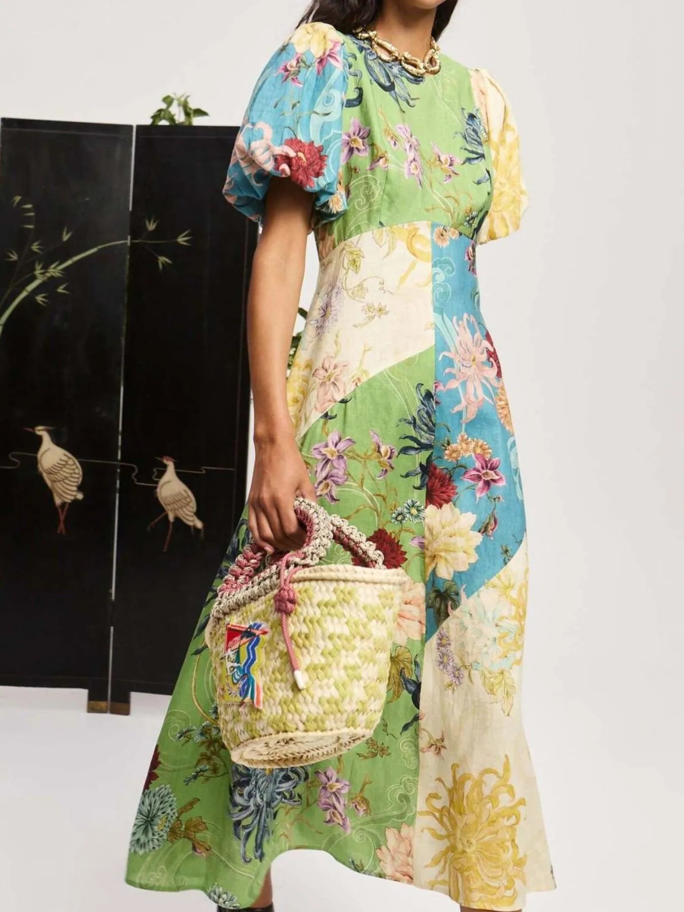 Printed Round Neck Puff Sleeve Dress - Modanista Fashion