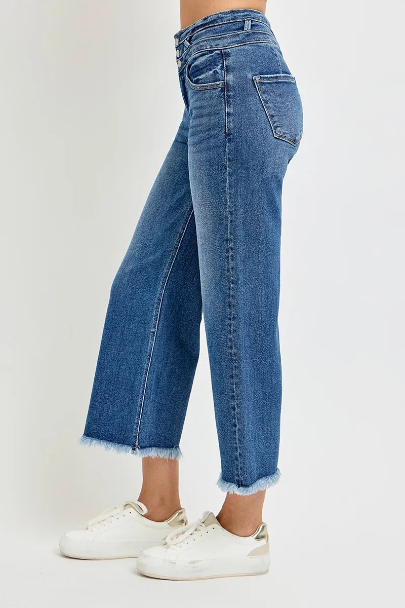 RISEN High Rise Crop Wide Leg Jeans with Wide Band Detail - Modanista Fashion