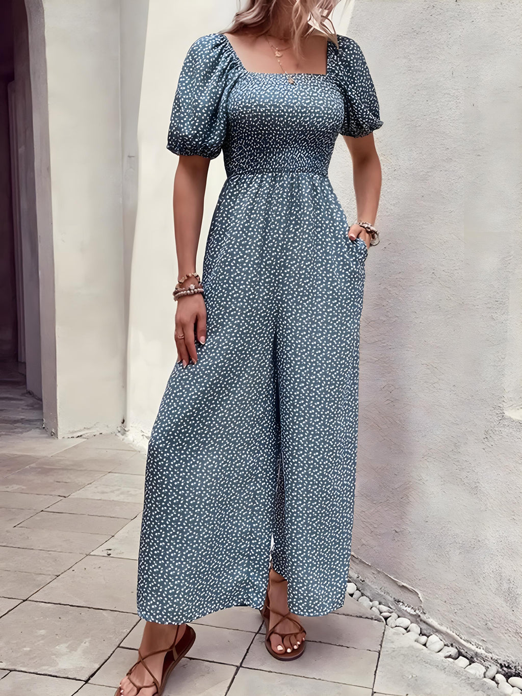 Tryckt fyrkantig nacke puffhylsa jumpsuit