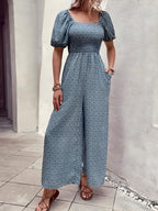 Tryckt fyrkantig nacke puffhylsa jumpsuit