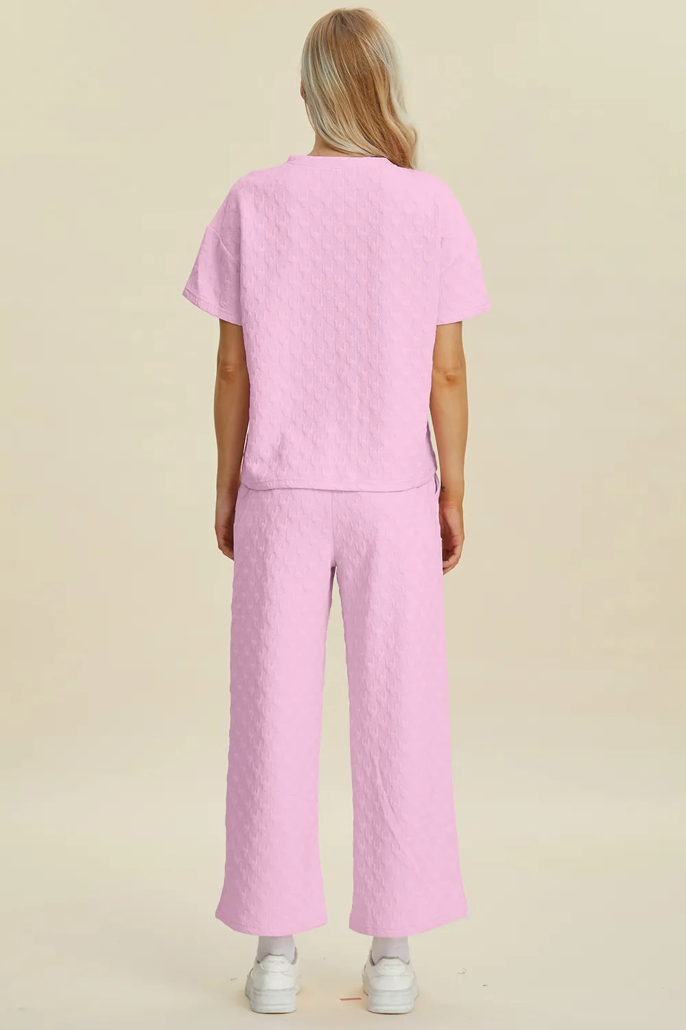 Double Take Full Size Texture Round Neck Short Sleeve Top and Pants Set - Modanista Fashion