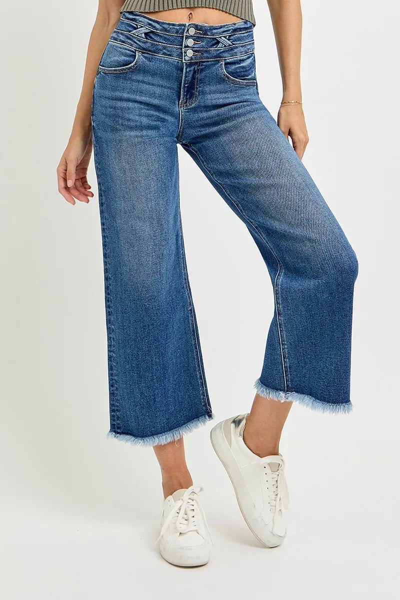 RISEN High Rise Crop Wide Leg Jeans with Wide Band Detail - Modanista Fashion