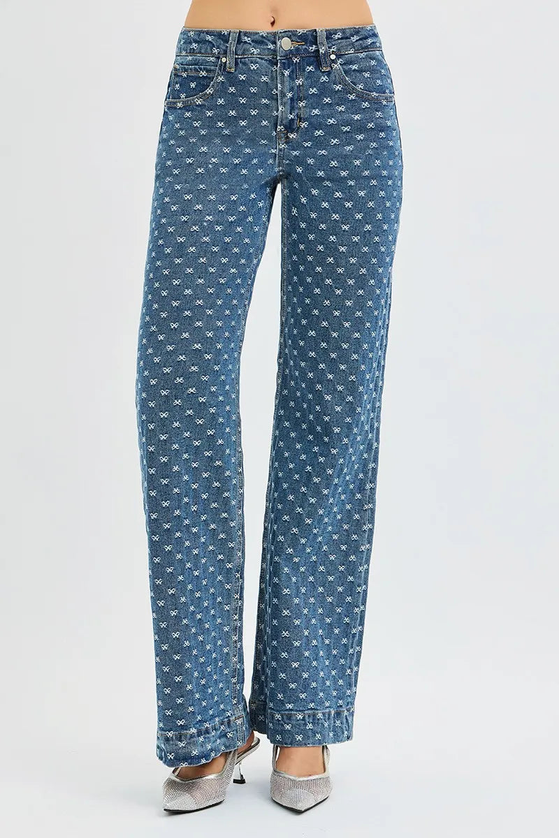 RISEN High Rise Wide Leg Bow Embroidered Jeans - Modanista Fashion