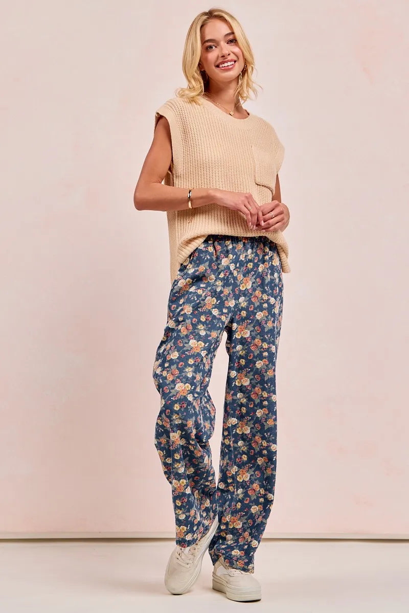 BiBi Washed Floral Print Wide Leg Jeans - Modanista Fashion