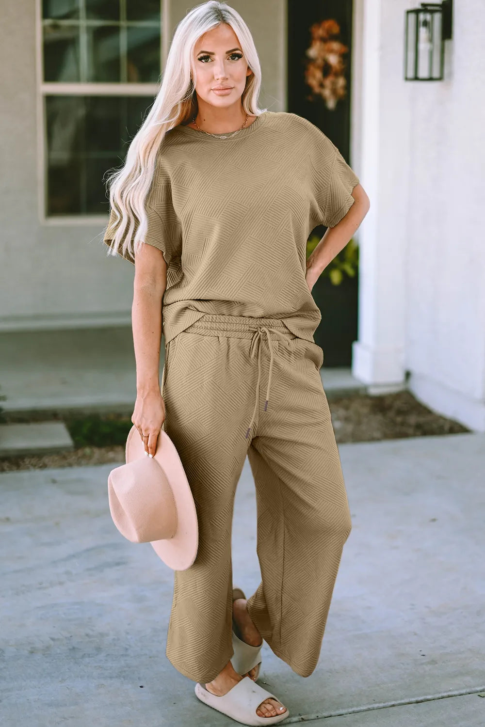 Double Take Full Size Texture Short Sleeve Top and Pants Set - Modanista Fashion