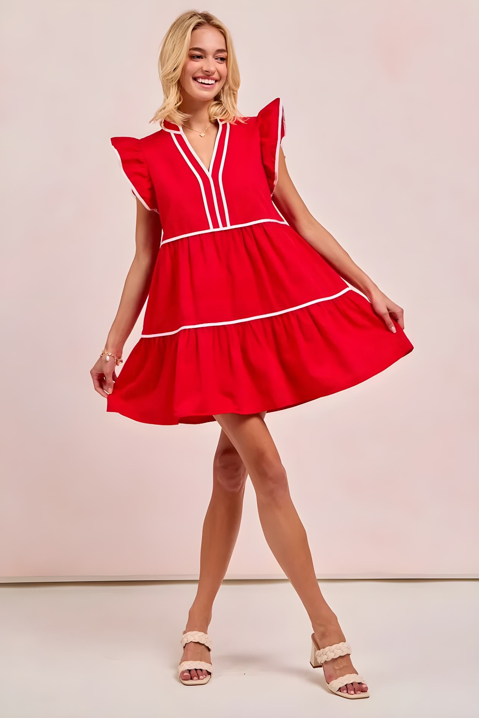 BiBi Gameday Theme Contrast Binding Ruffled Dress