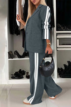 Full Size Contrast Lapel Collar Top and Pants Set - Modanista Fashion