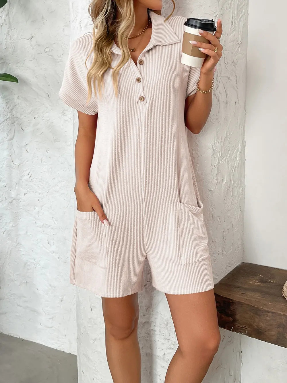 Button Detail Collared Neck Short Sleeve Romper - Modanista Fashion