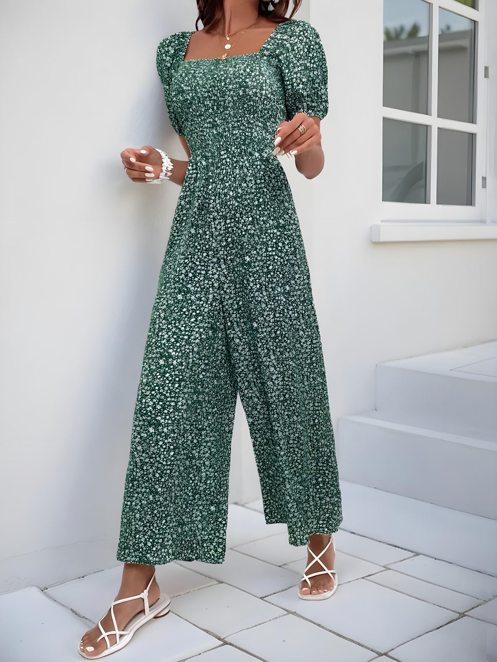 Tryckt fyrkantig nacke puffhylsa jumpsuit