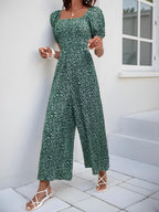 Tryckt fyrkantig nacke puffhylsa jumpsuit