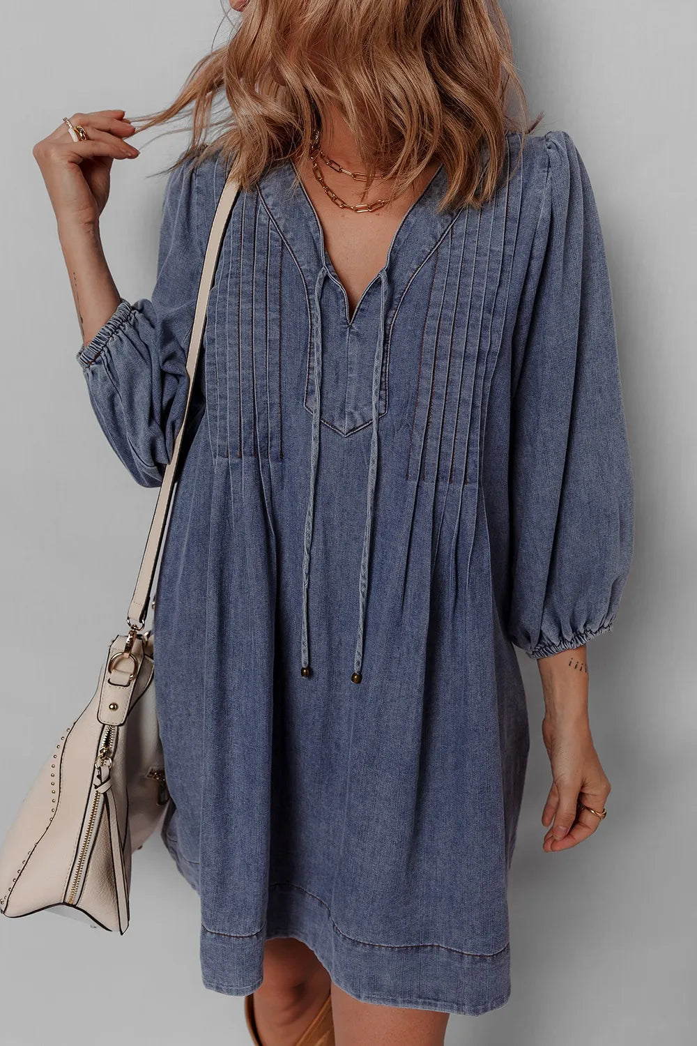 Tie Neck Long Sleeve Mini Denim Dress - Modanista Fashion