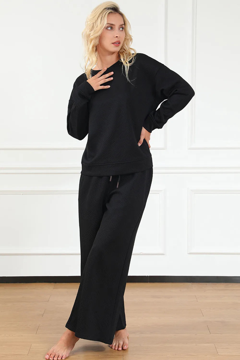 Double Take Full Size Textured Long Sleeve Top and Drawstring Pants Set - Modanista Fashion