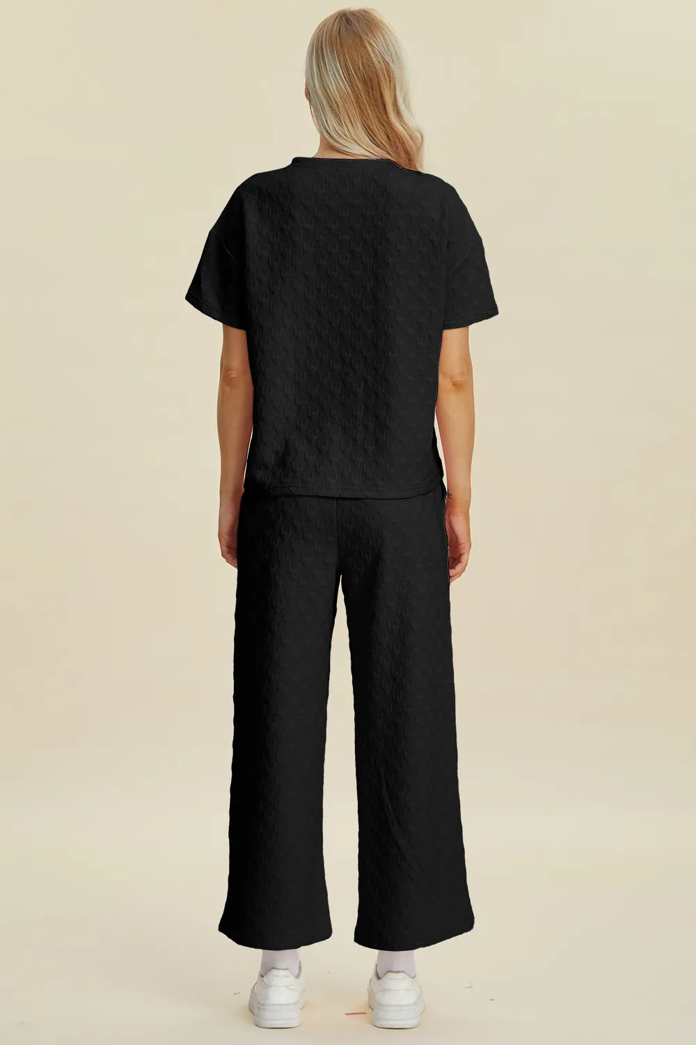 Double Take Full Size Texture Round Neck Short Sleeve Top and Pants Set - Modanista Fashion