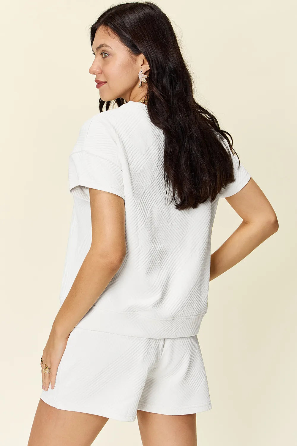 Double Take Full Size Texture Short Sleeve T-Shirt and Drawstring Shorts Set - Modanista Fashion