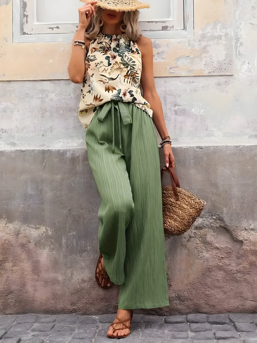 Potištěné nádrž a široké kalhoty nohou