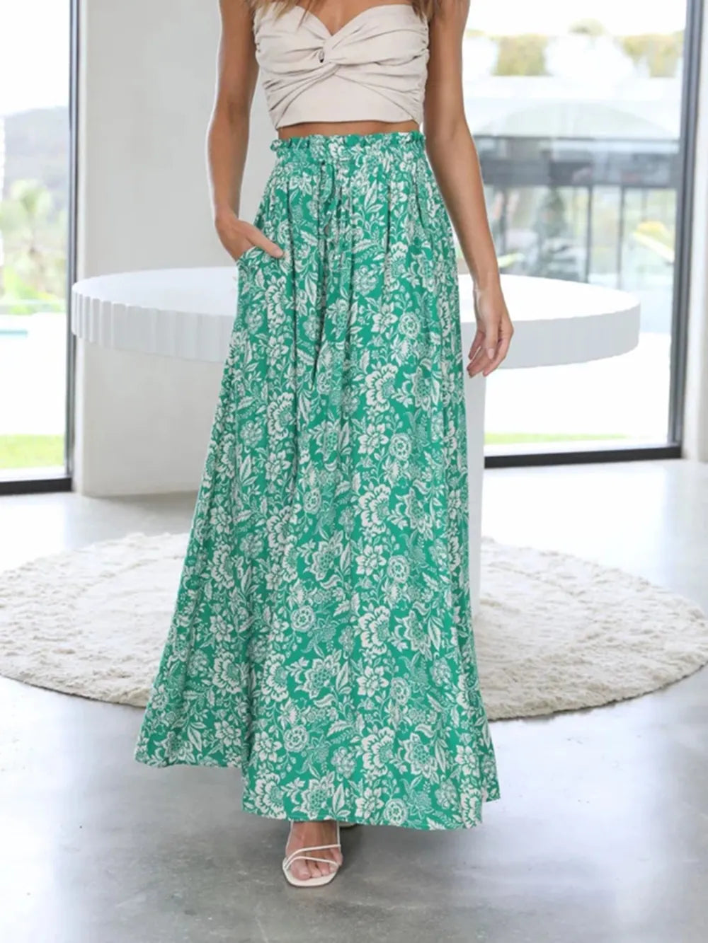 Drawstring Paperbag Waist Printed Wide Leg Pants - Modanista Fashion