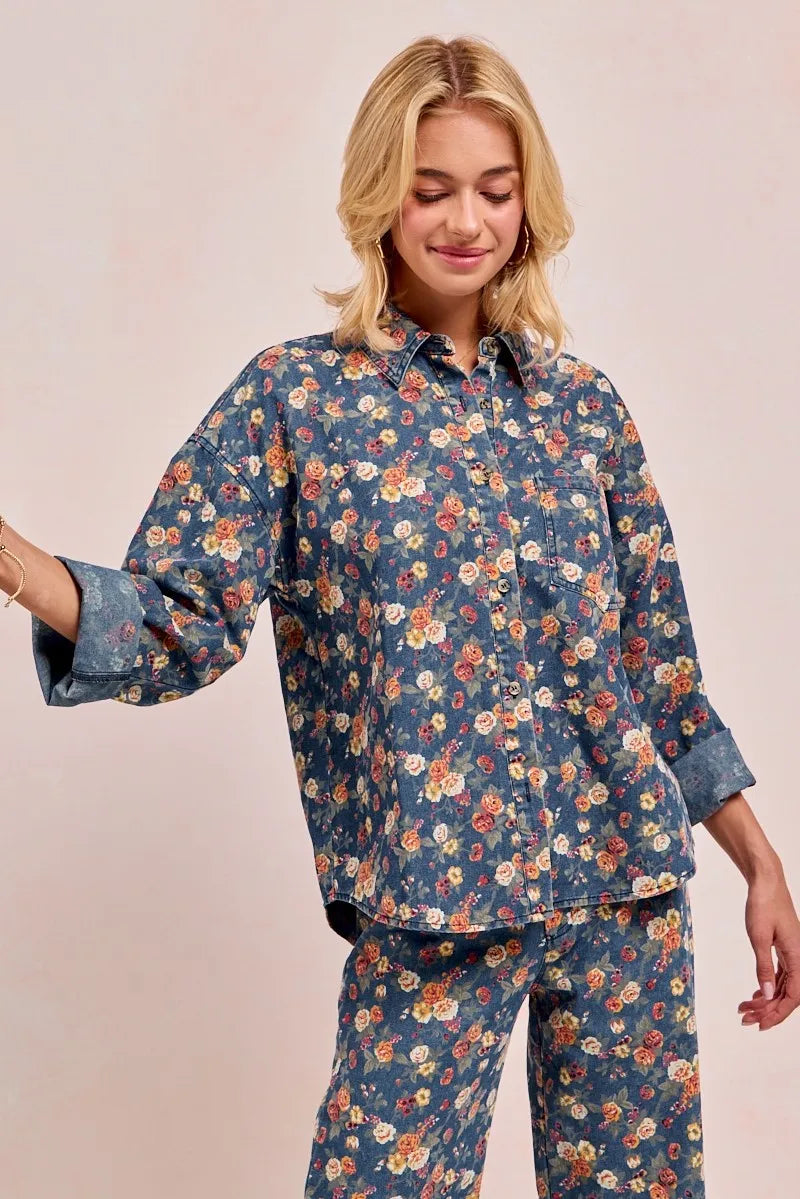 BiBi Washed Floral Print Denim Jacket - Modanista Fashion