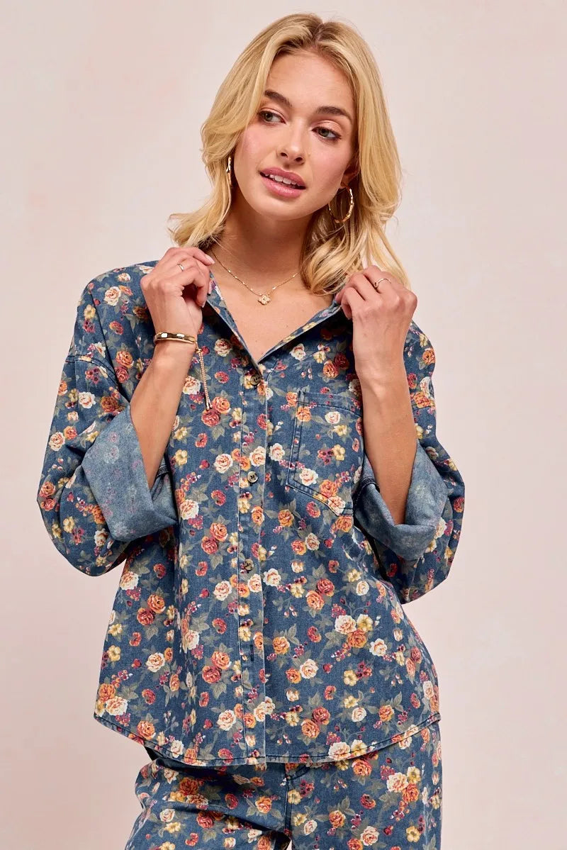 BiBi Washed Floral Print Denim Jacket - Modanista Fashion