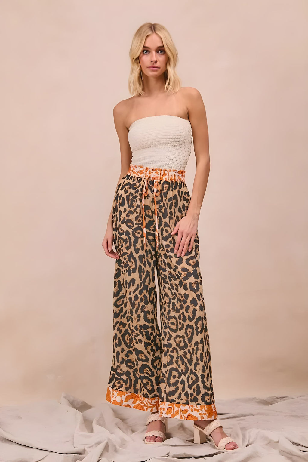 Bibi Leopard Print cu pantaloni largi cu bandă contrast