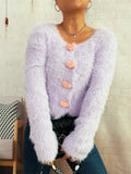 Fuzzy Heart Shape Button-Up Cardigan - Modanista Fashion