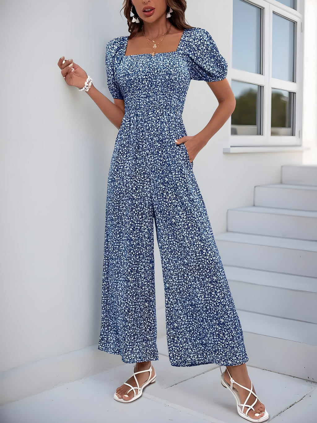 Tryckt fyrkantig nacke puffhylsa jumpsuit