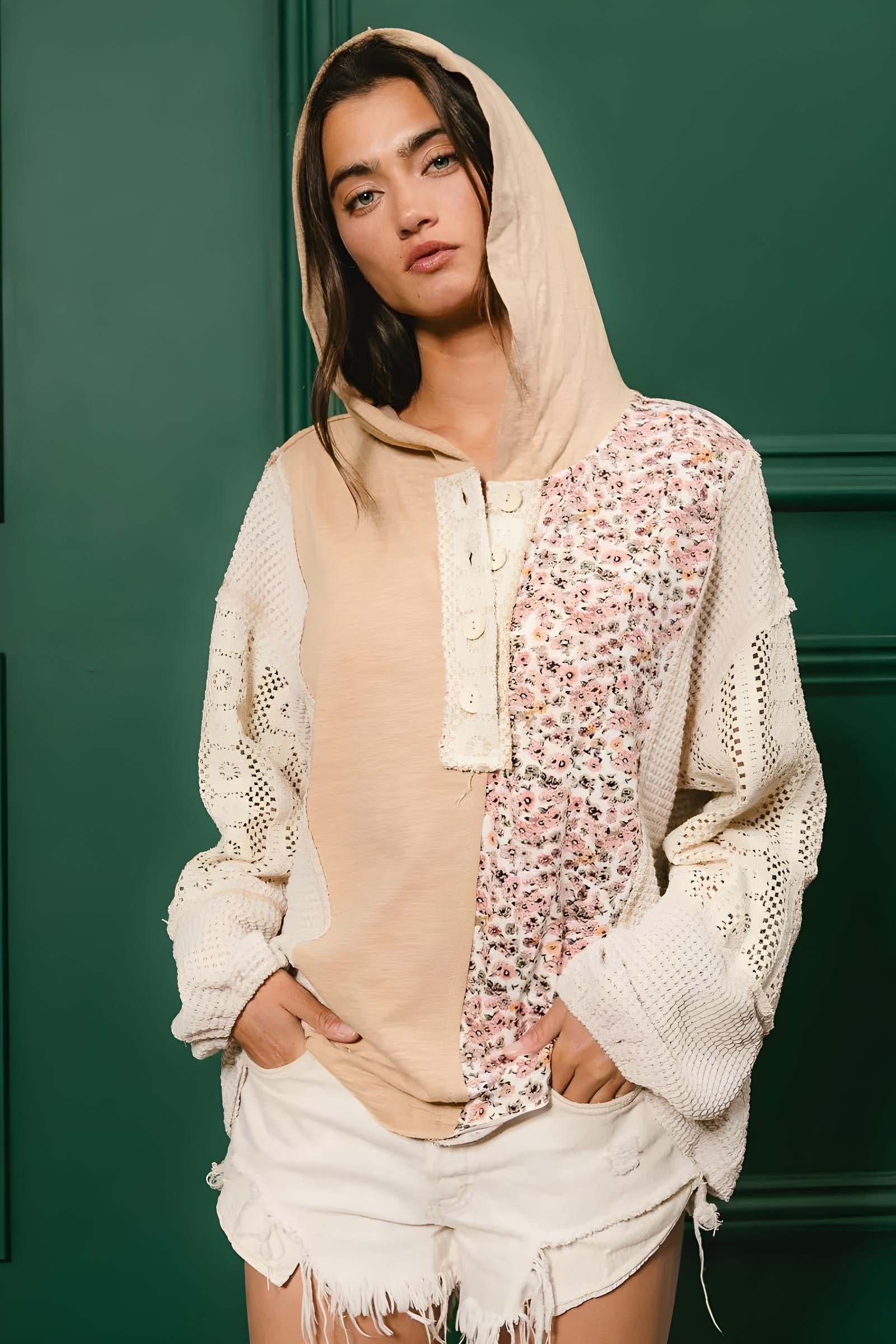 BiBi Slub Jersey with Lace Combo Buttoned Hoodie Top