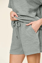 Double Take Full Size Texture Short Sleeve T-Shirt and Drawstring Shorts Set - Modanista Fashion