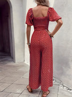 Tryckt fyrkantig nacke puffhylsa jumpsuit