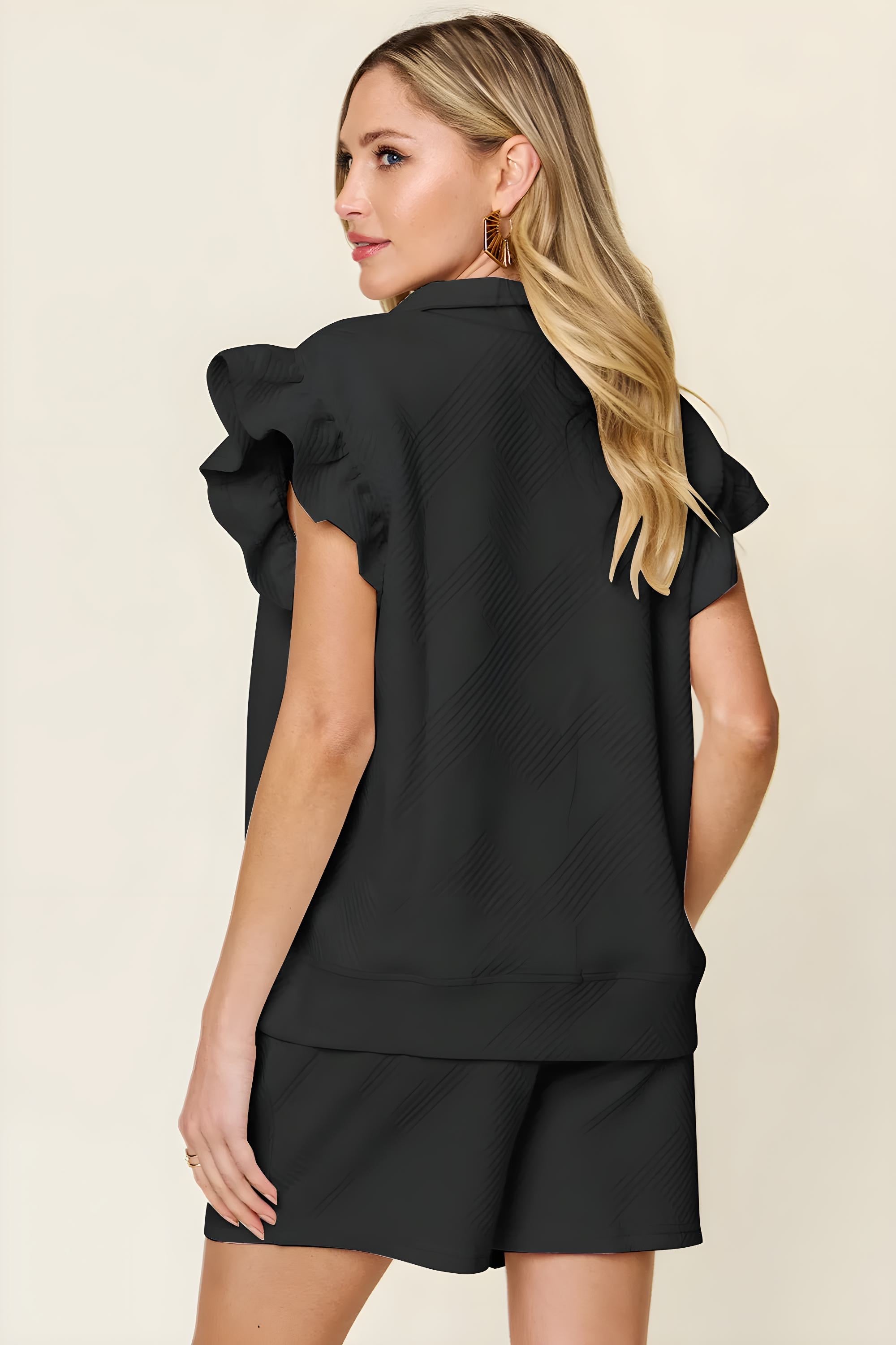 Full-Size Textured Flounce Sleeve Top & Drawstring Shorts Set