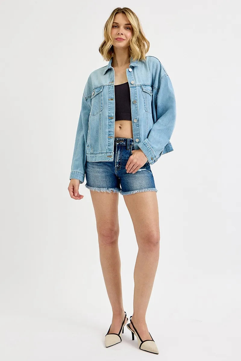 RISEN Washed Dropped Shoulder Denim Jacket - Modanista Fashion