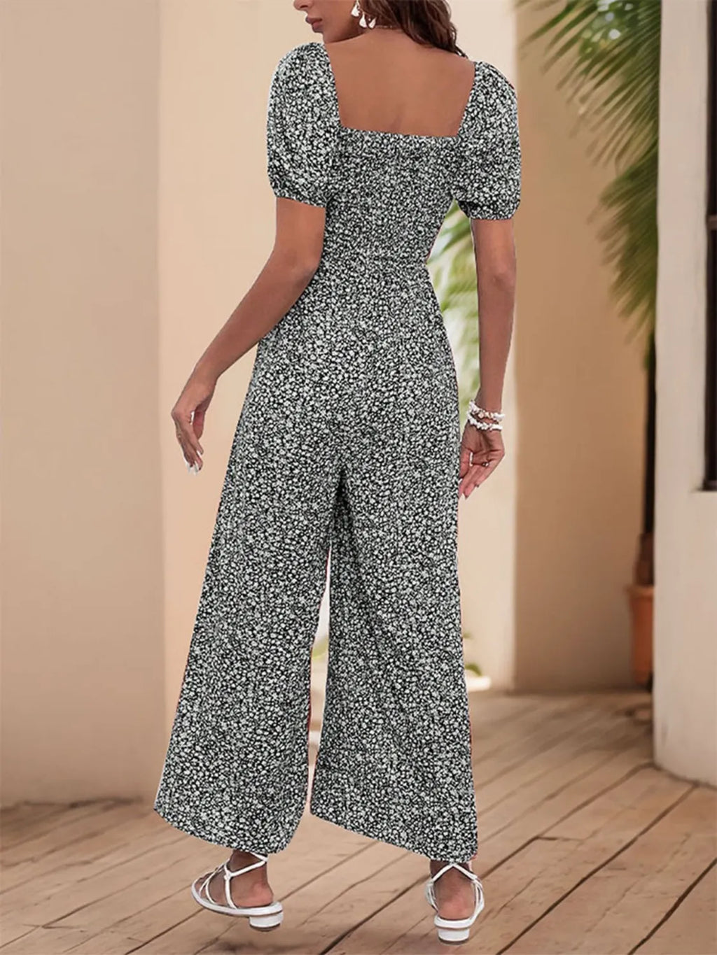 Printed Square Neck Puff Sleeve Jumpsuit - Modanista Fashion