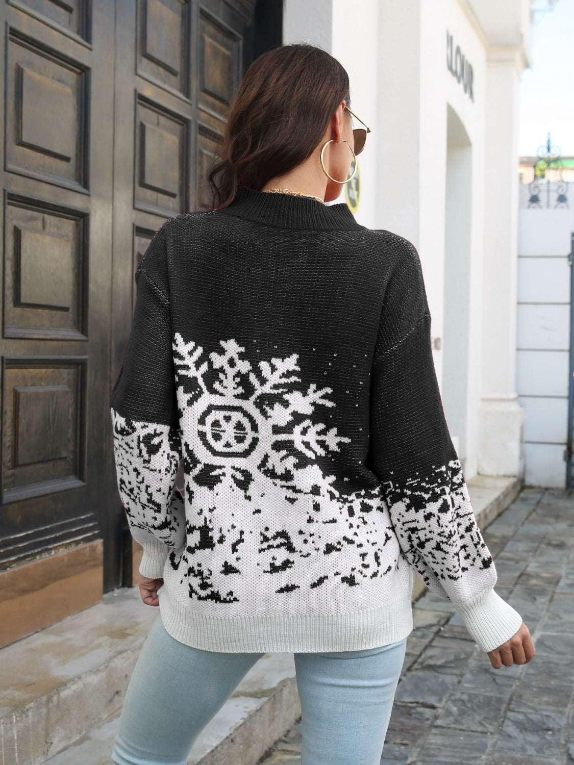 Snowflake Pattern Mock Neck Sweater - Modanista Fashion