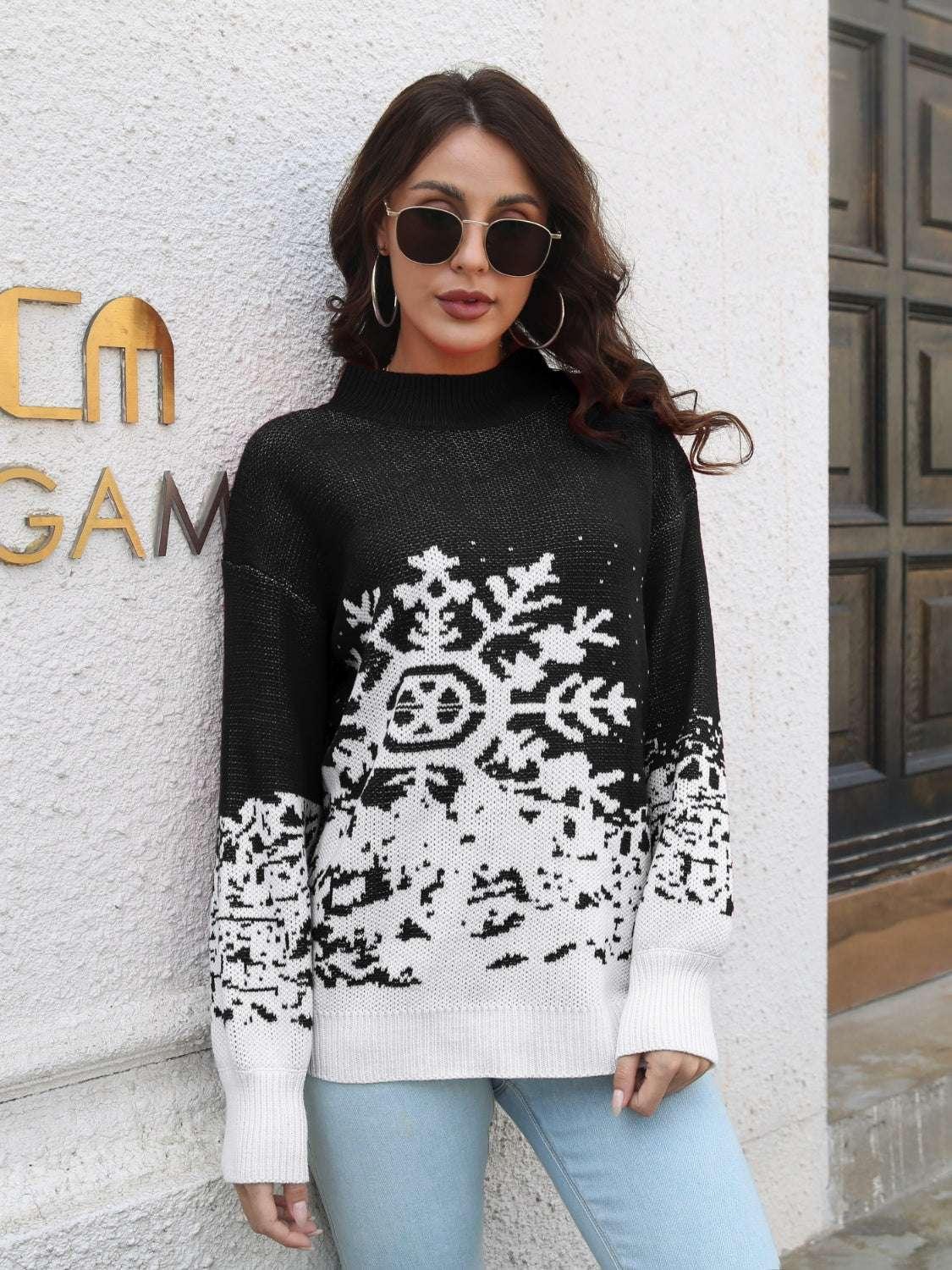 Snowflake Pattern Mock Neck Sweater - Modanista Fashion