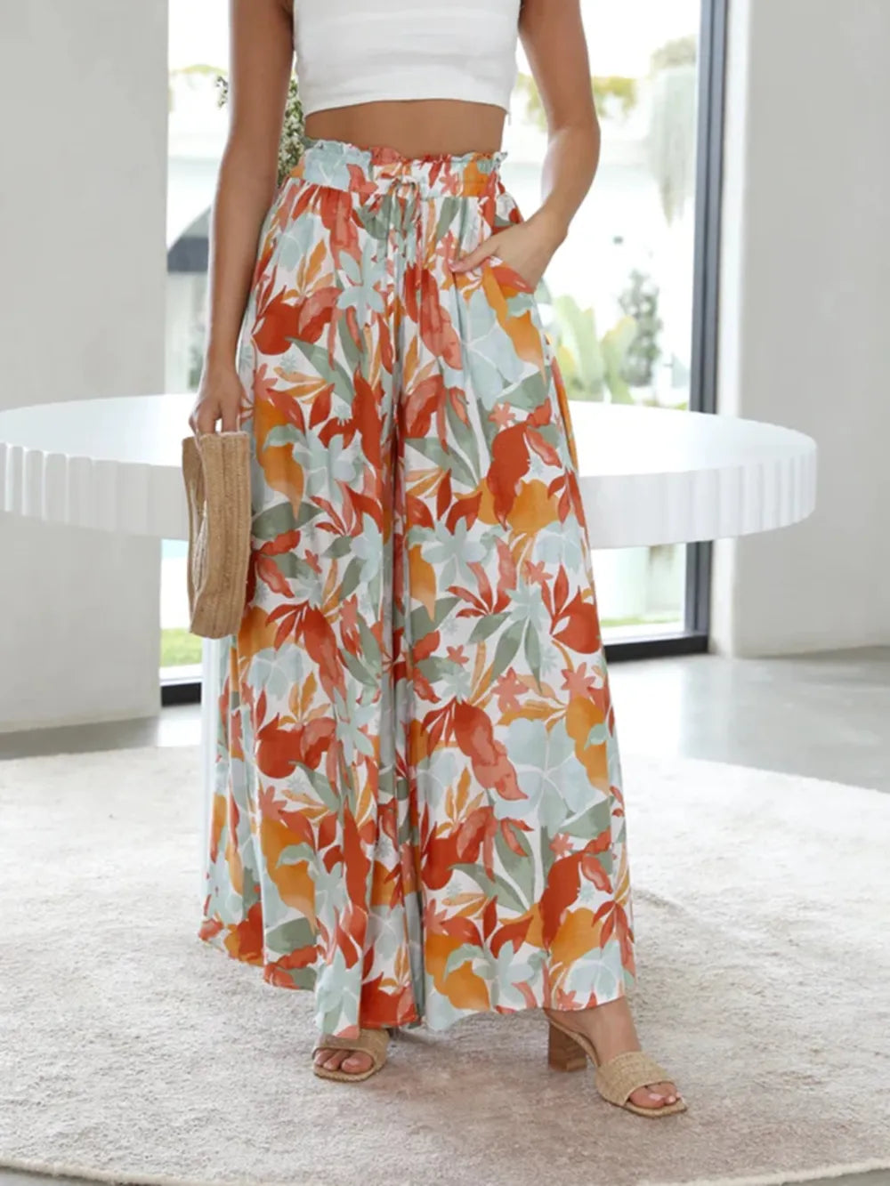 Drawstring Paperbag Waist Printed Wide Leg Pants - Modanista Fashion