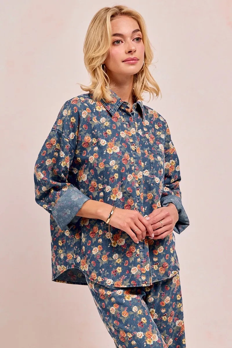 BiBi Washed Floral Print Denim Jacket - Modanista Fashion
