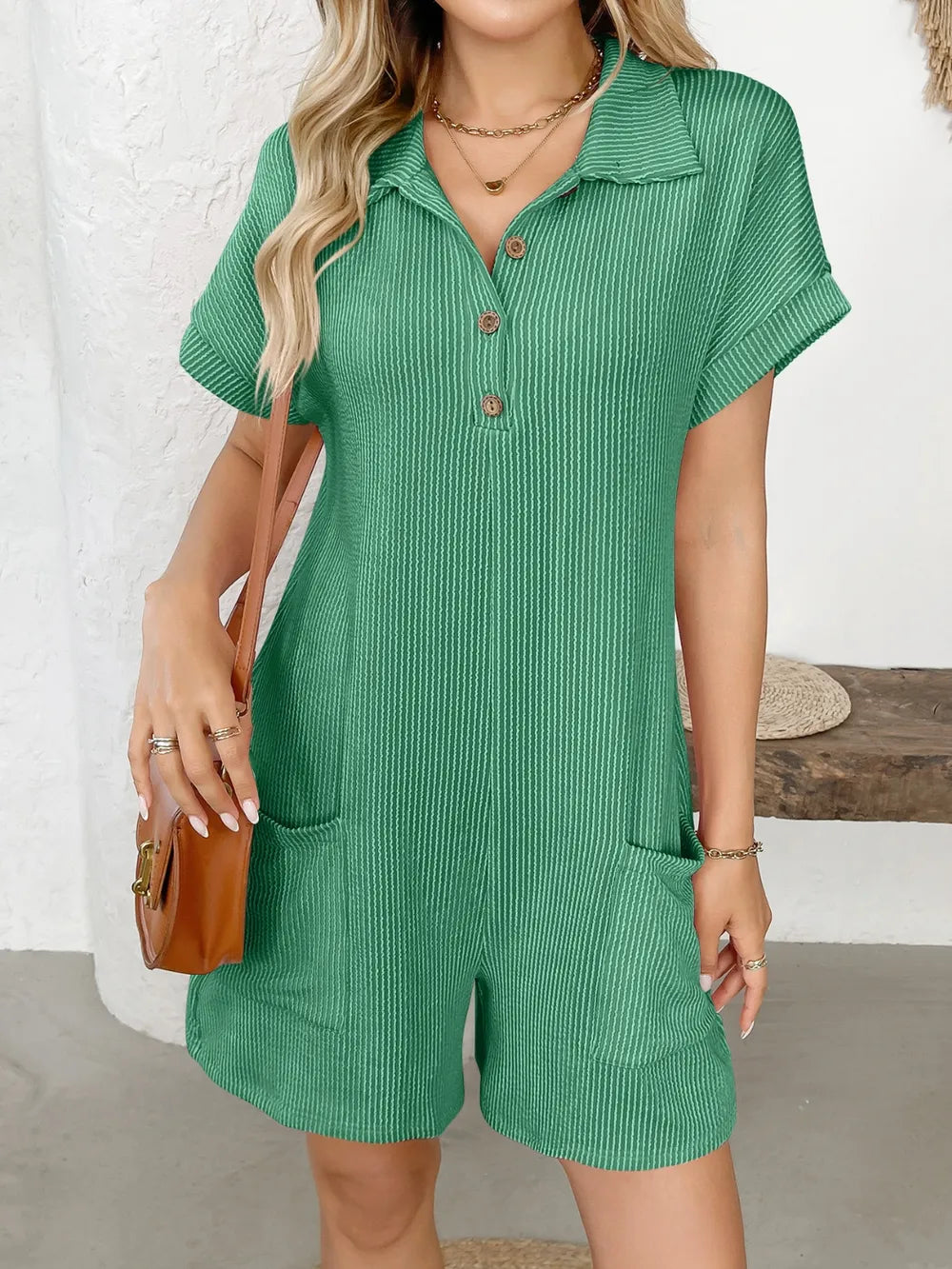 Button Detail Collared Neck Short Sleeve Romper - Modanista Fashion