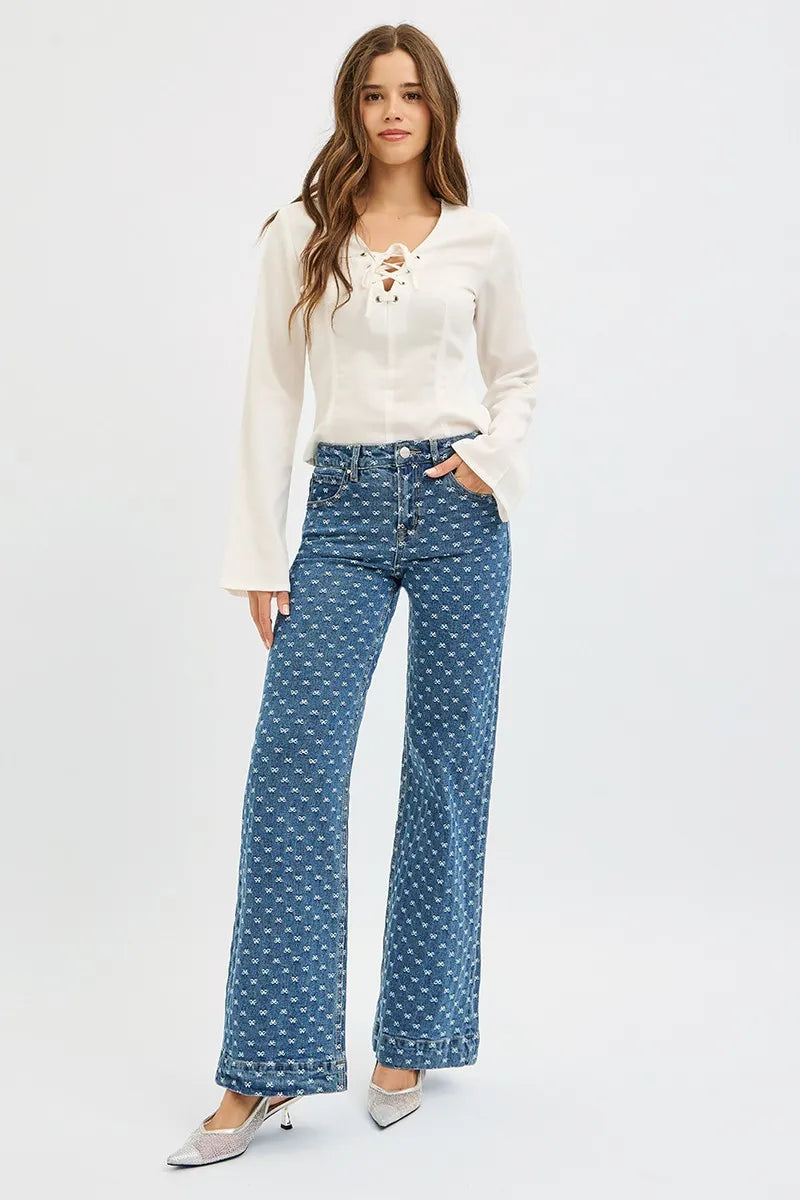 RISEN High Rise Wide Leg Bow Embroidered Jeans - Modanista Fashion