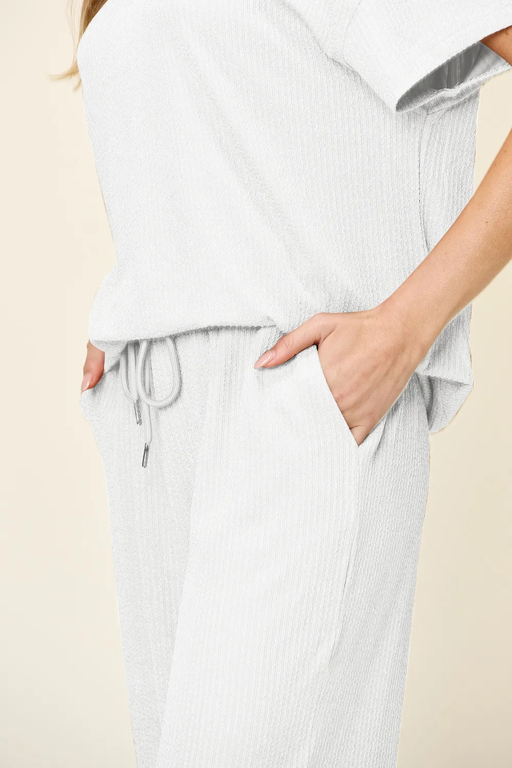 Double Take Full Size Texture Round Neck Short Sleeve T-Shirt and Wide Leg Pants - Modanista Fashion