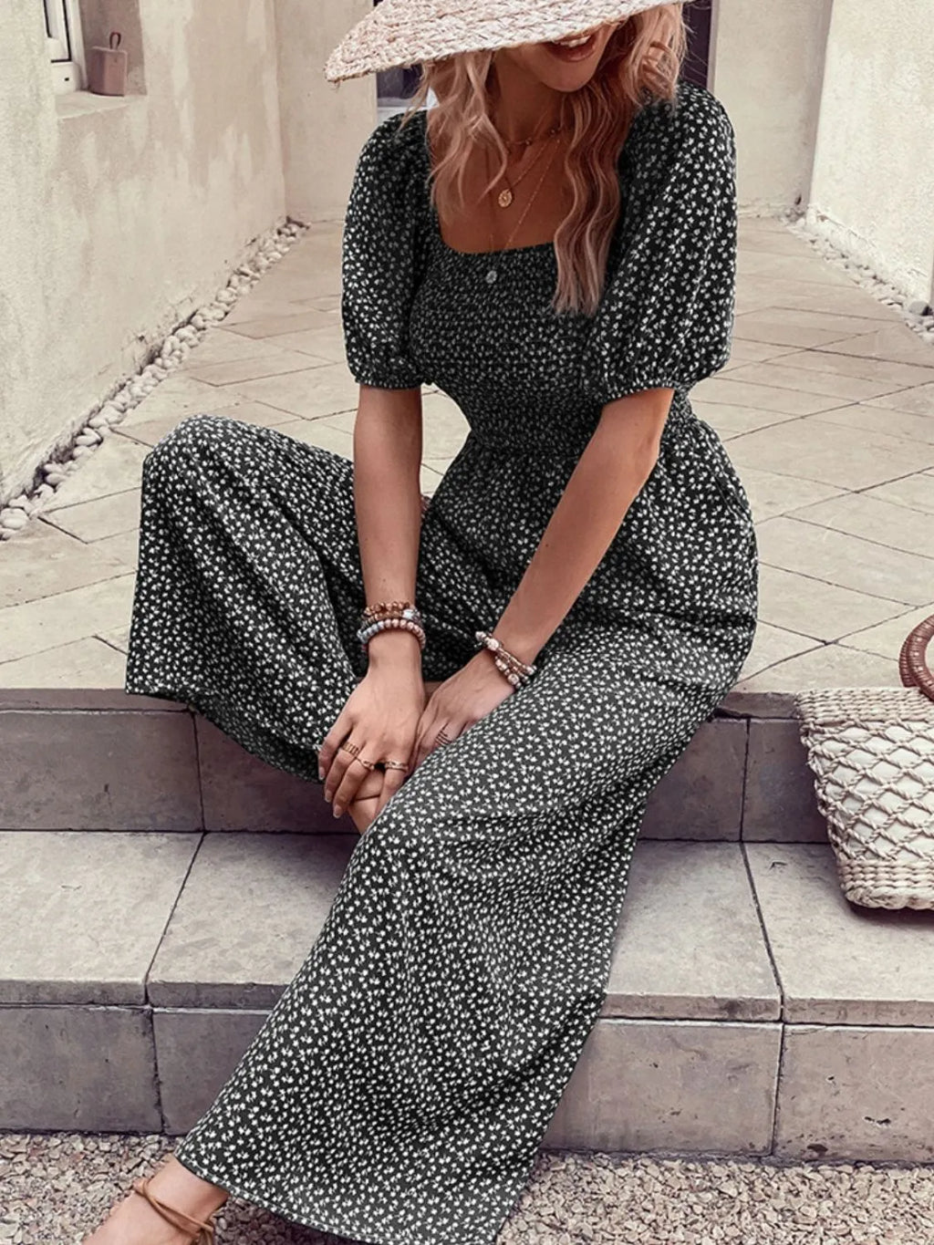 Printed Square Neck Puff Sleeve Jumpsuit - Modanista Fashion