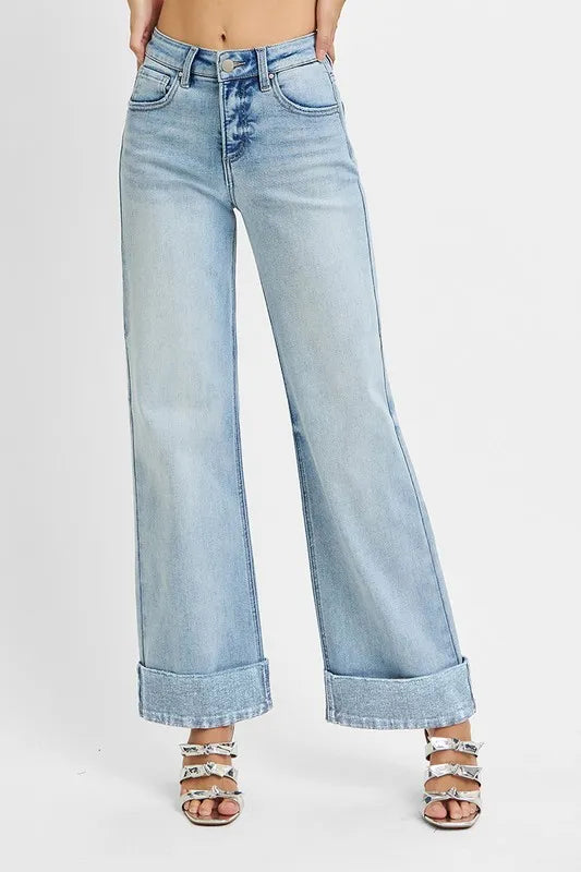 RISEN Full Size Tummy Control High Rise Ankle Wide Cuffed Jeans Plus Size - Modanista Fashion