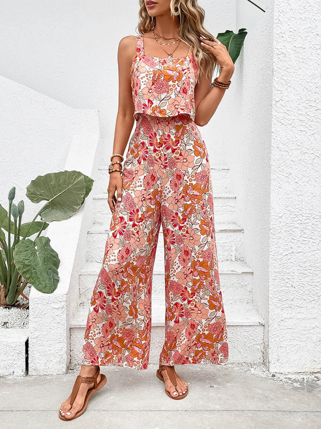 Floral Print Sleeveless Wide Leg Jumpsuit - Modanista Fashion
