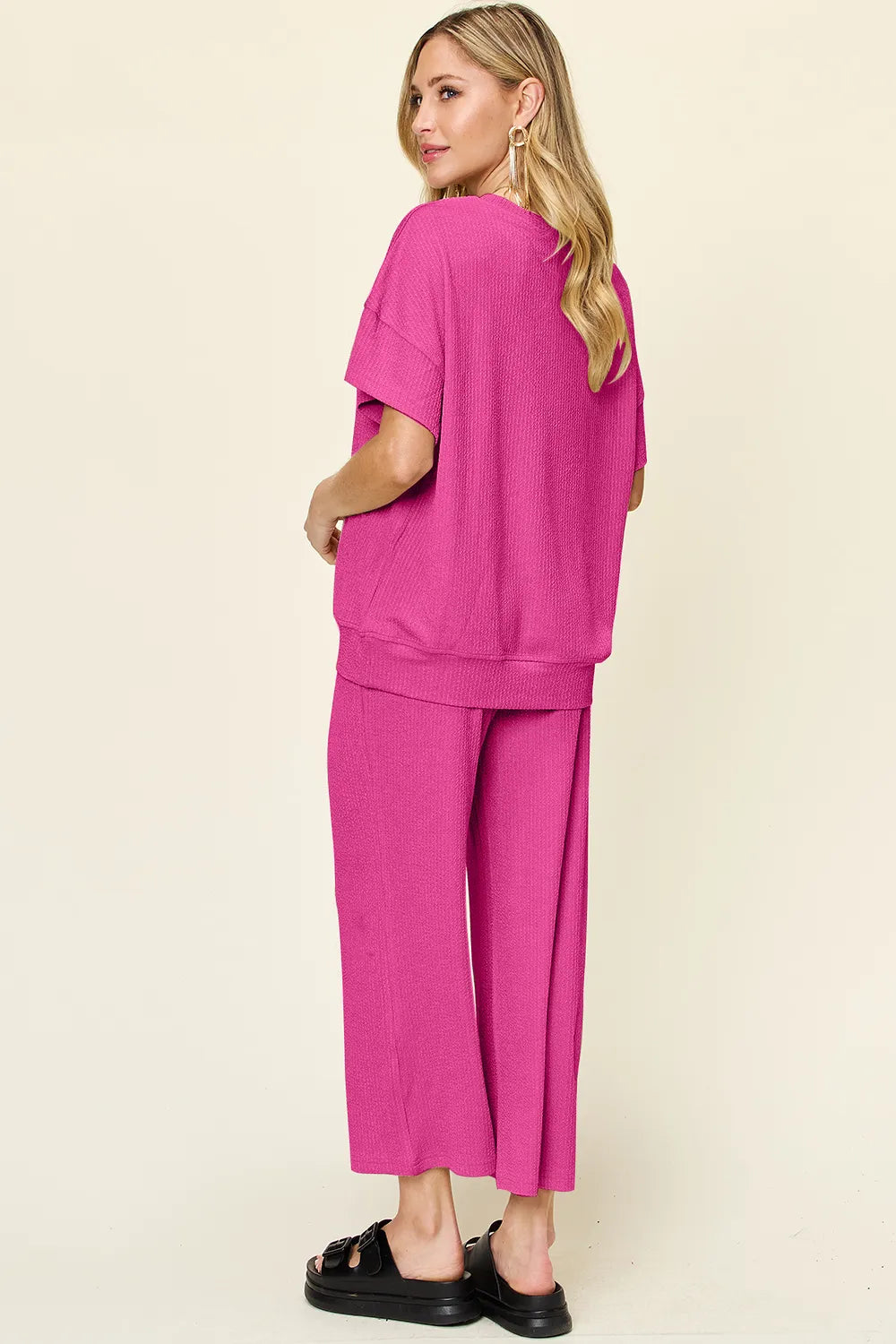 Double Take Full Size Texture Round Neck Short Sleeve T-Shirt and Wide Leg Pants - Modanista Fashion