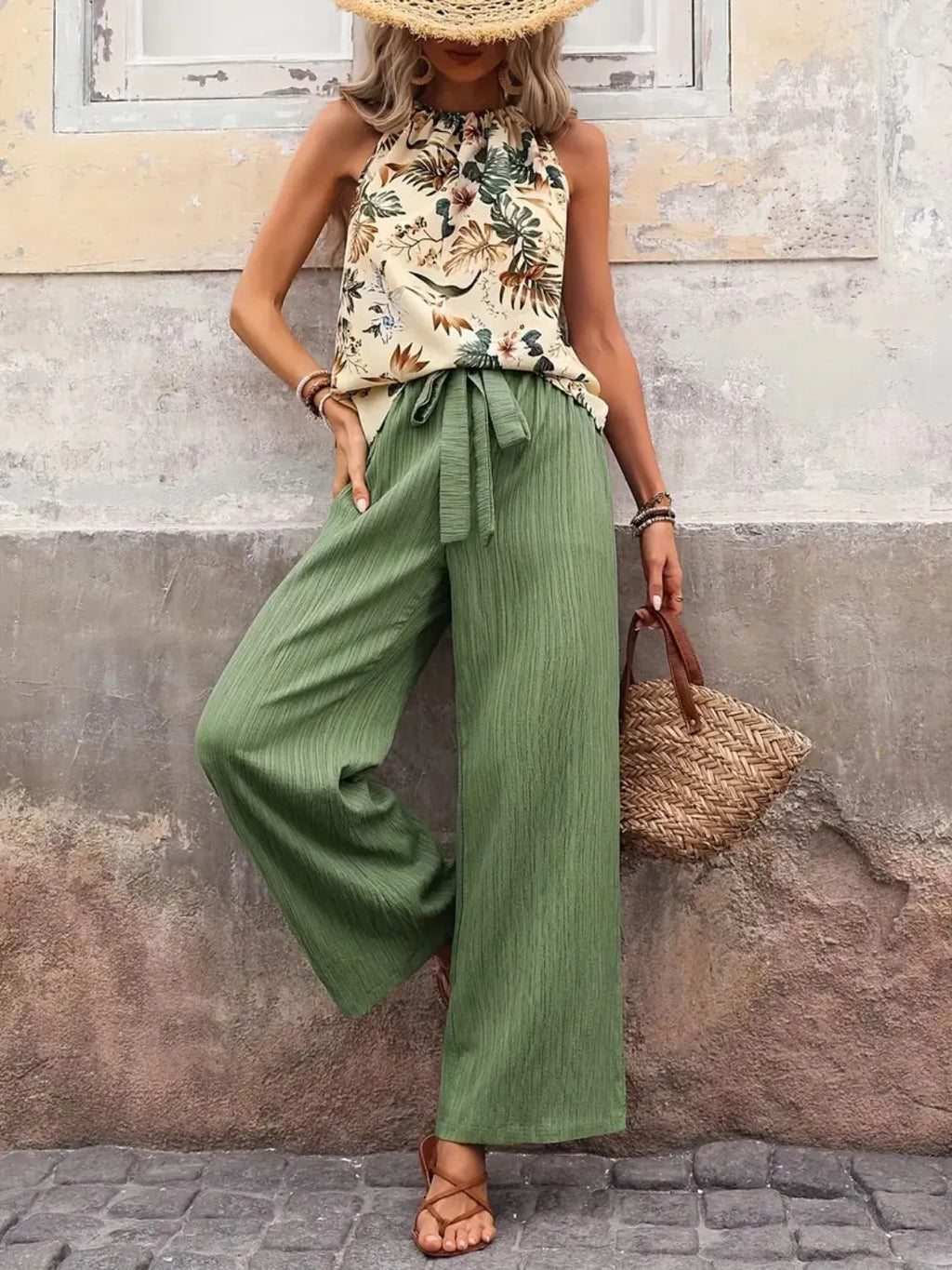 Printed Tank Top and Wide Leg Pants Set - Modanista Fashion
