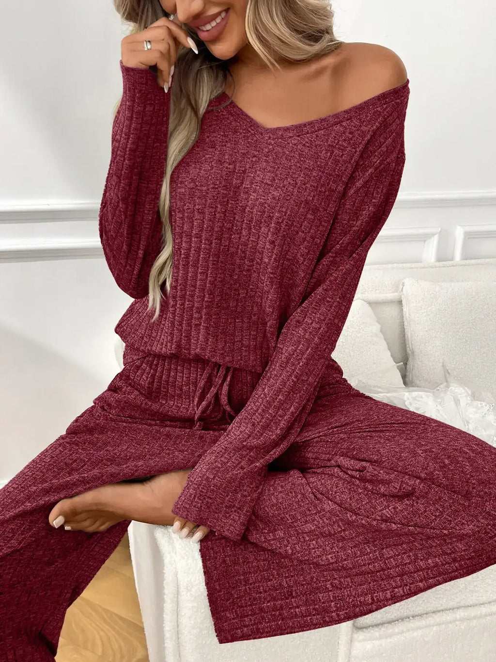 Ribbed Long Sleeve Top and Pants Lounge Set - Modanista Fashion