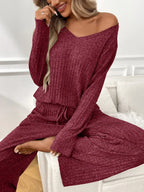 Ribbed Long Sleeve Top and Pants Lounge Set - Modanista Fashion