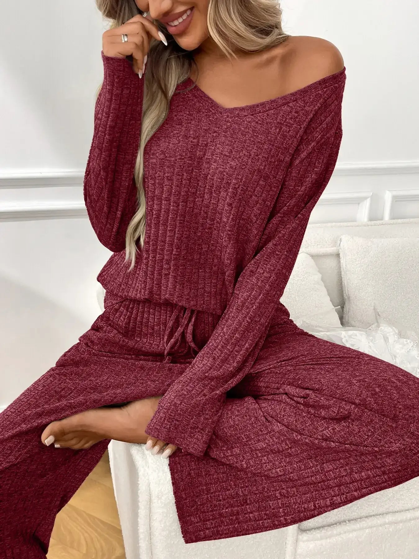 Ribbed Long Sleeve Top and Pants Lounge Set - Modanista Fashion